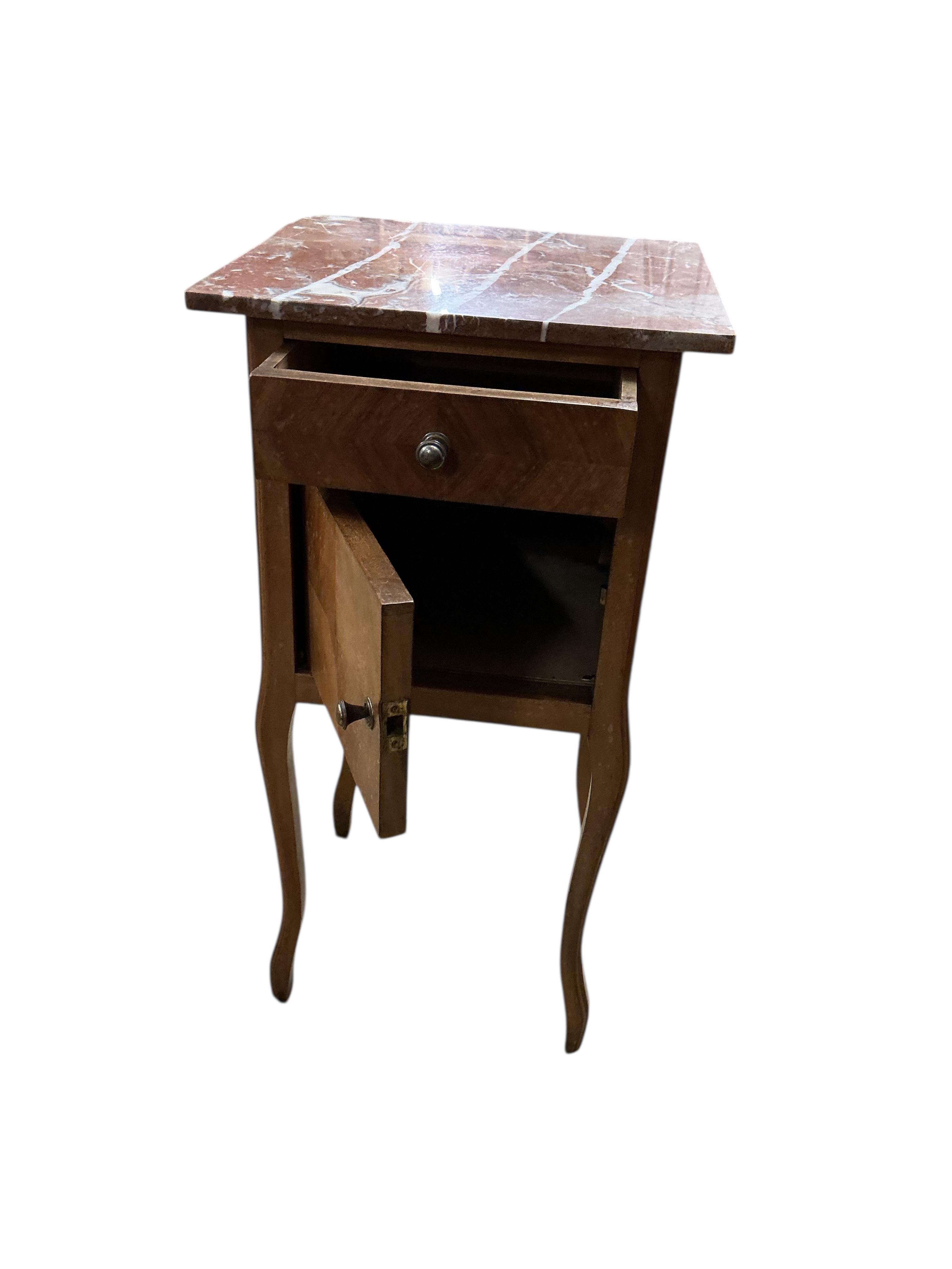 A pair of French walnut marble top bedside cabinets, width 39cm, depth 37cm, height 80cm